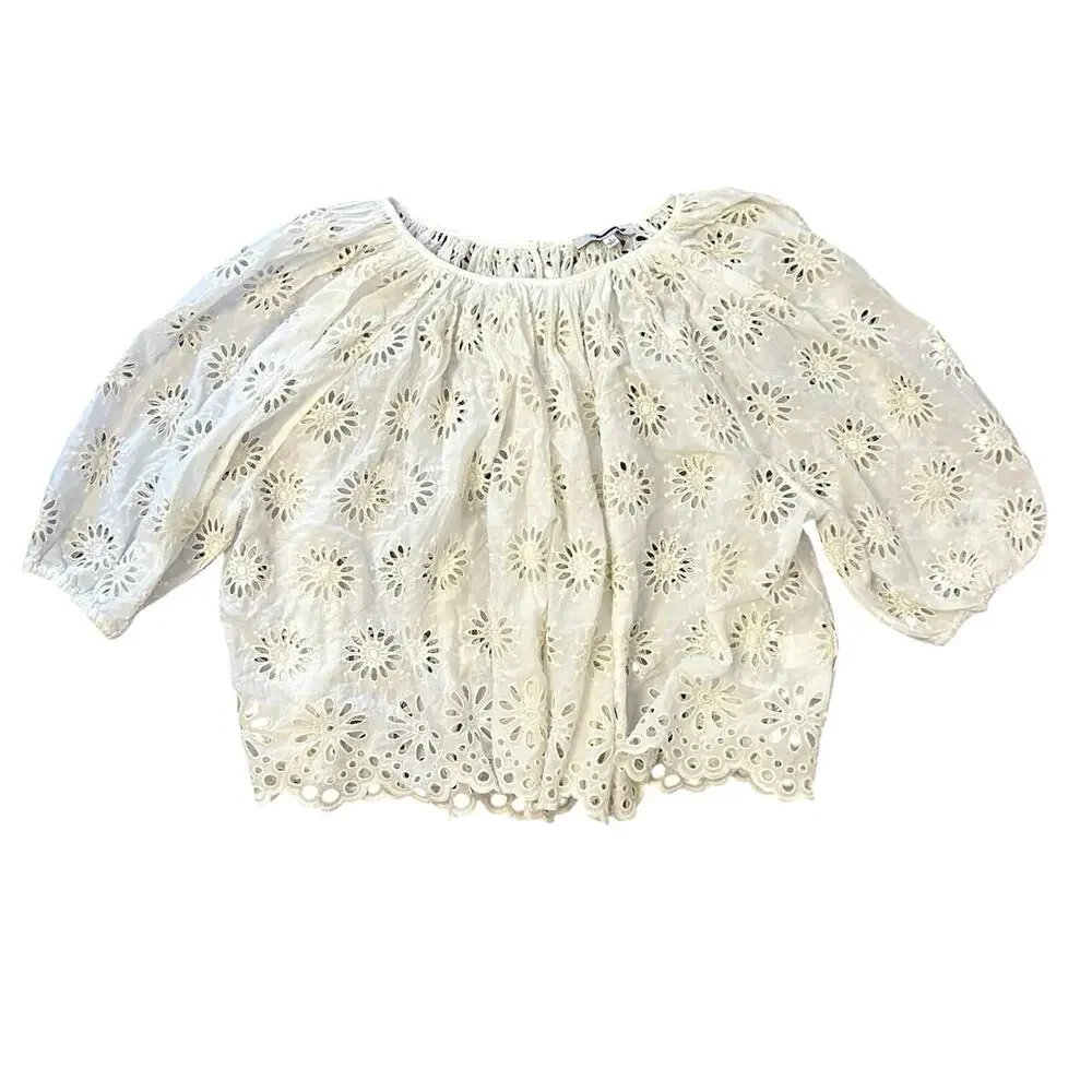 NWT Madewell Embroidered Shirred Puff-Sleeve Top in Floral Eyelet Size XXS
